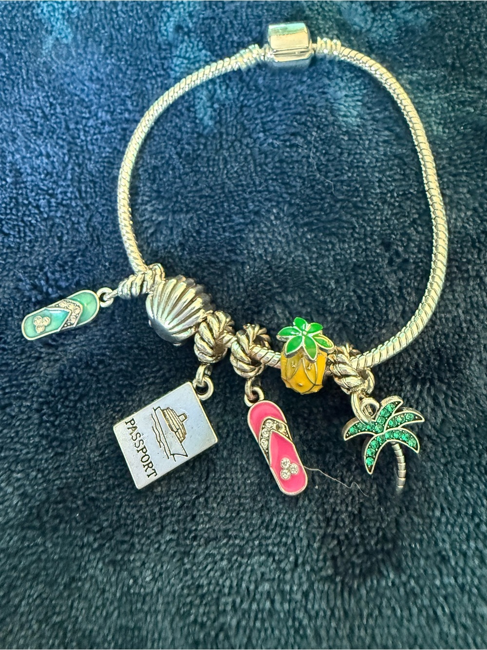 Silver-Tone Charm Bracelet with Tropical Travel Charms - Pink, Green, Yellow